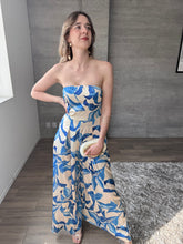 Cargar imagen en el visor de la galería, Azzuro - Jumpsuit satinado strapless azul con blanco