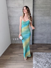 Cargar imagen en el visor de la galería, Ziana - Vestido largo mesh aqua con amarillo