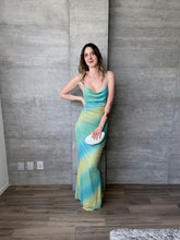 Cargar imagen en el visor de la galería, Ziana - Vestido largo mesh aqua con amarillo