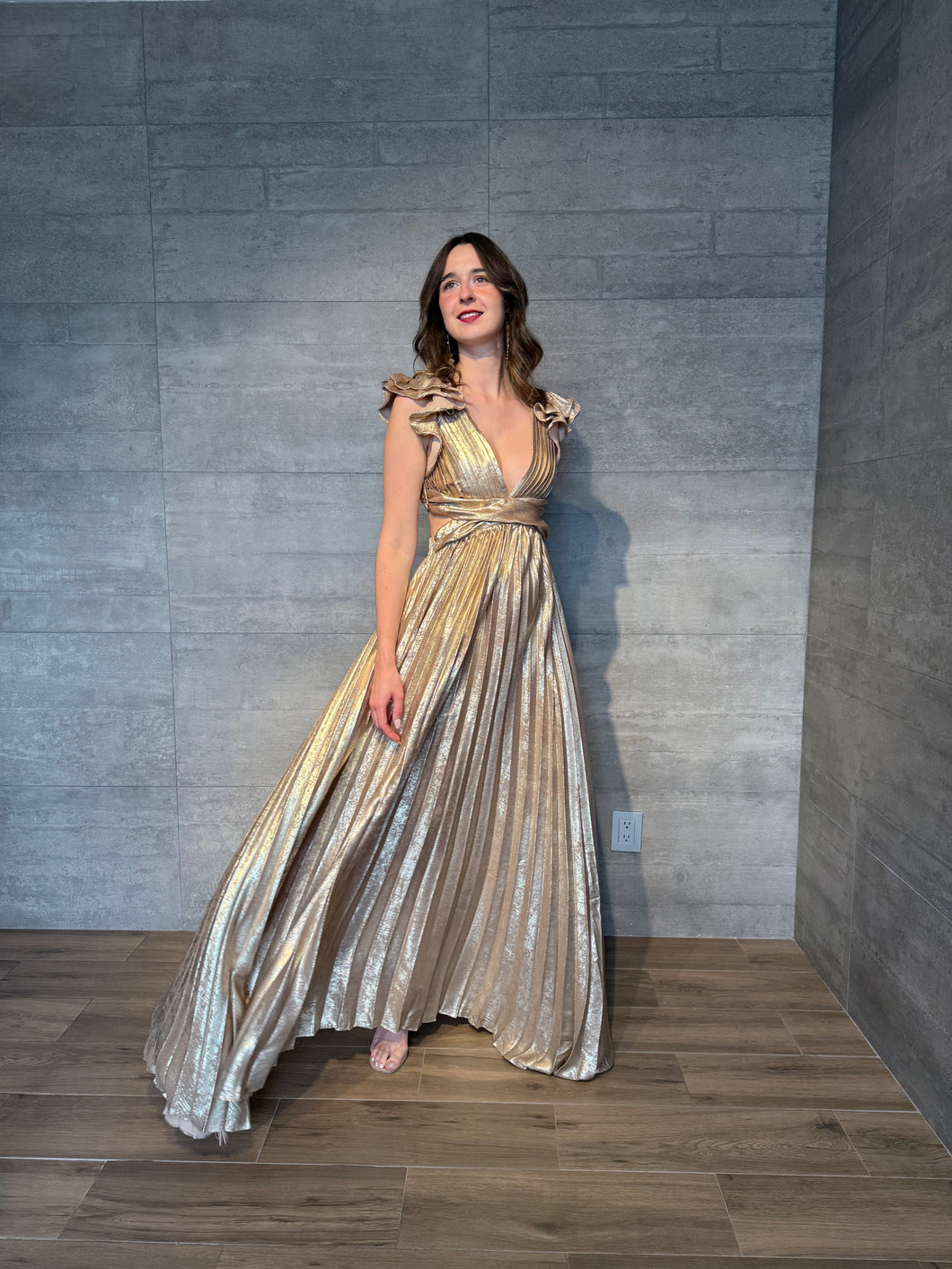 Celestine - Vestido largo plisado champagne