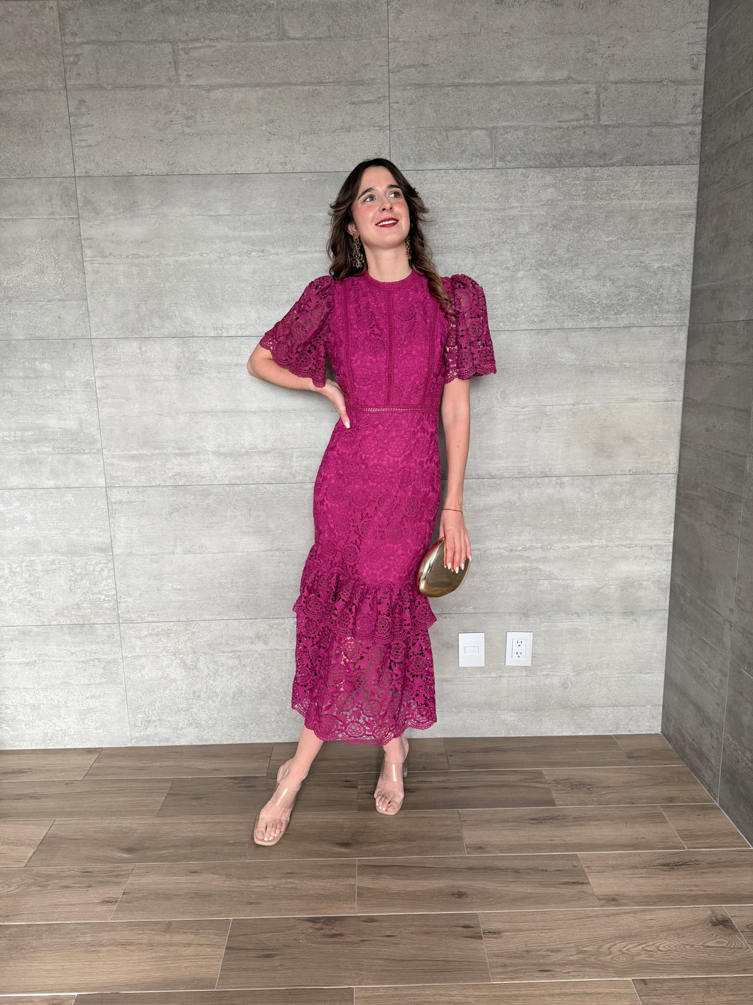 Marcelline - Vestido midi crochet magenta