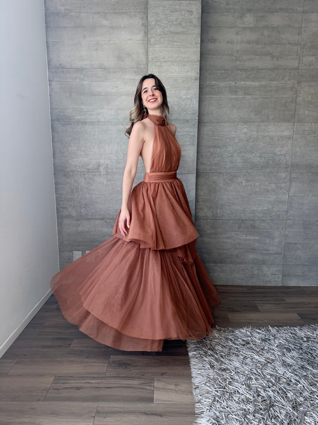 Barroca - Vestido largo de tul terracota