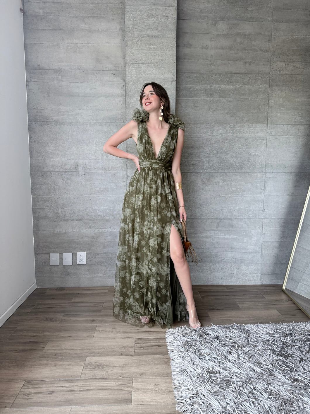 Begoña - Vestido de tul largo olivo