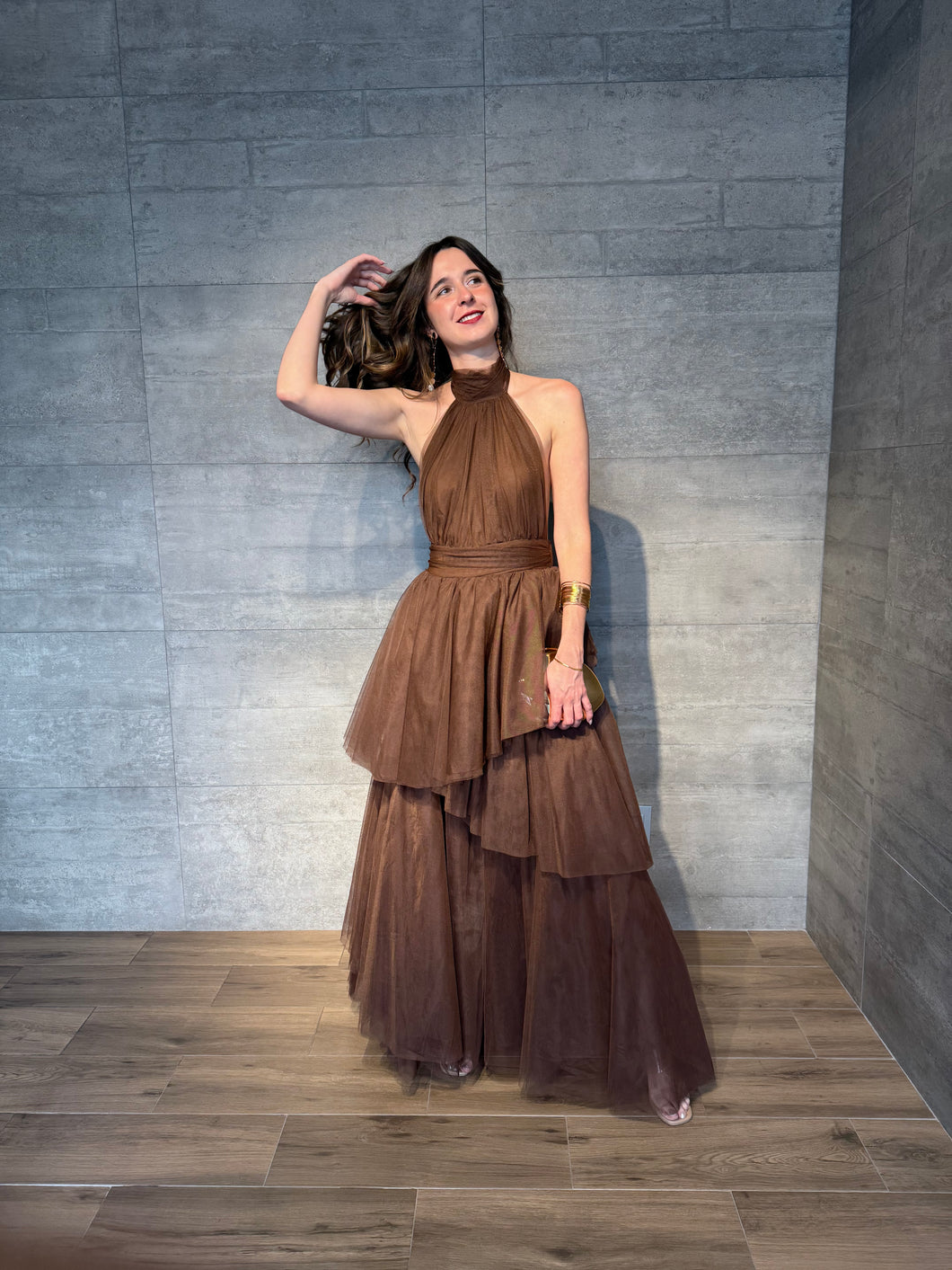 Barroca - Vestido largo de tul halter chocolate