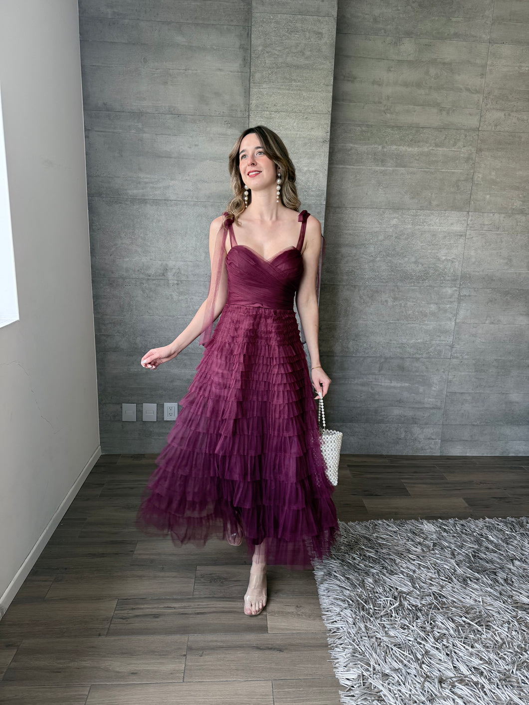 Lena - Vestido de tul midi color vino