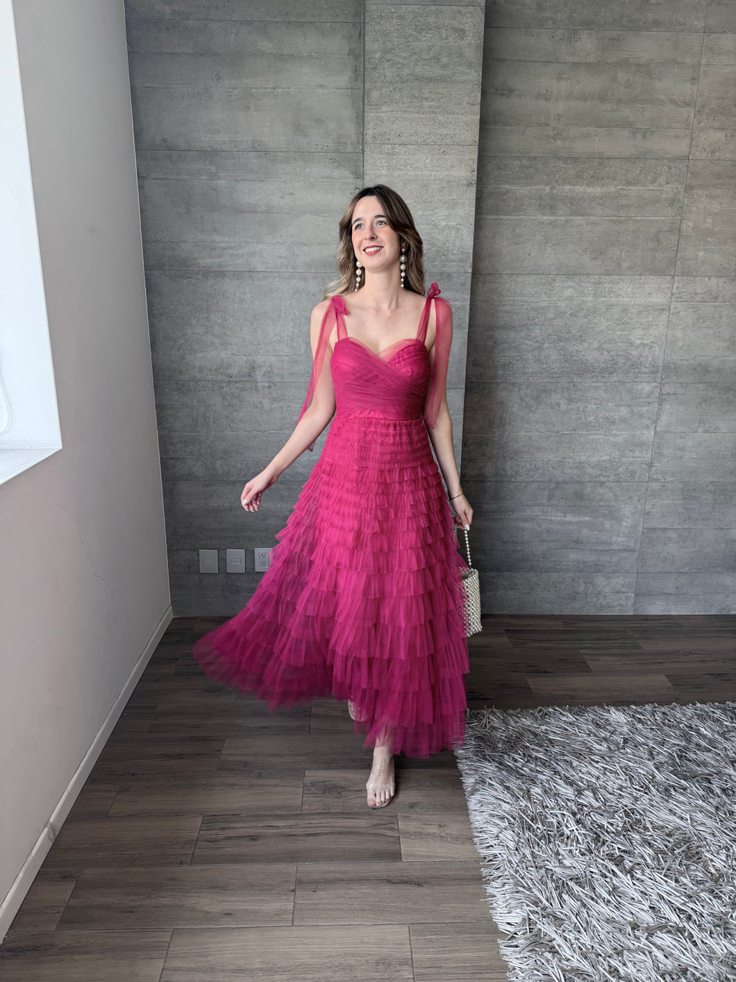 Lena - Vestido de tul midi color frambuesa