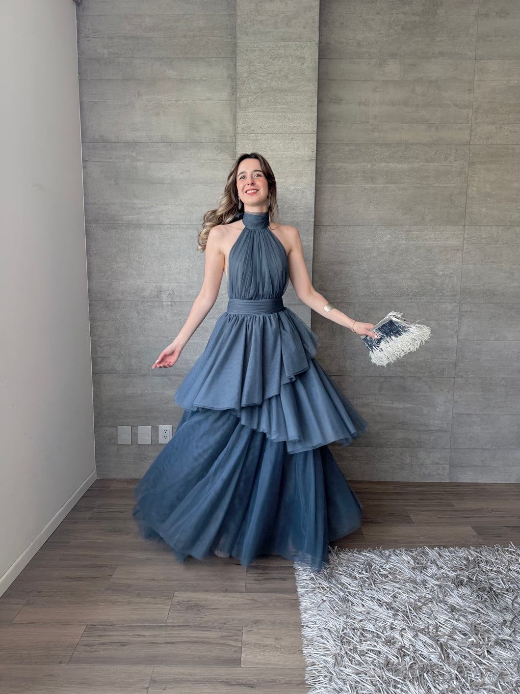 Barroca  - Vestido largo de tul azul pizarra