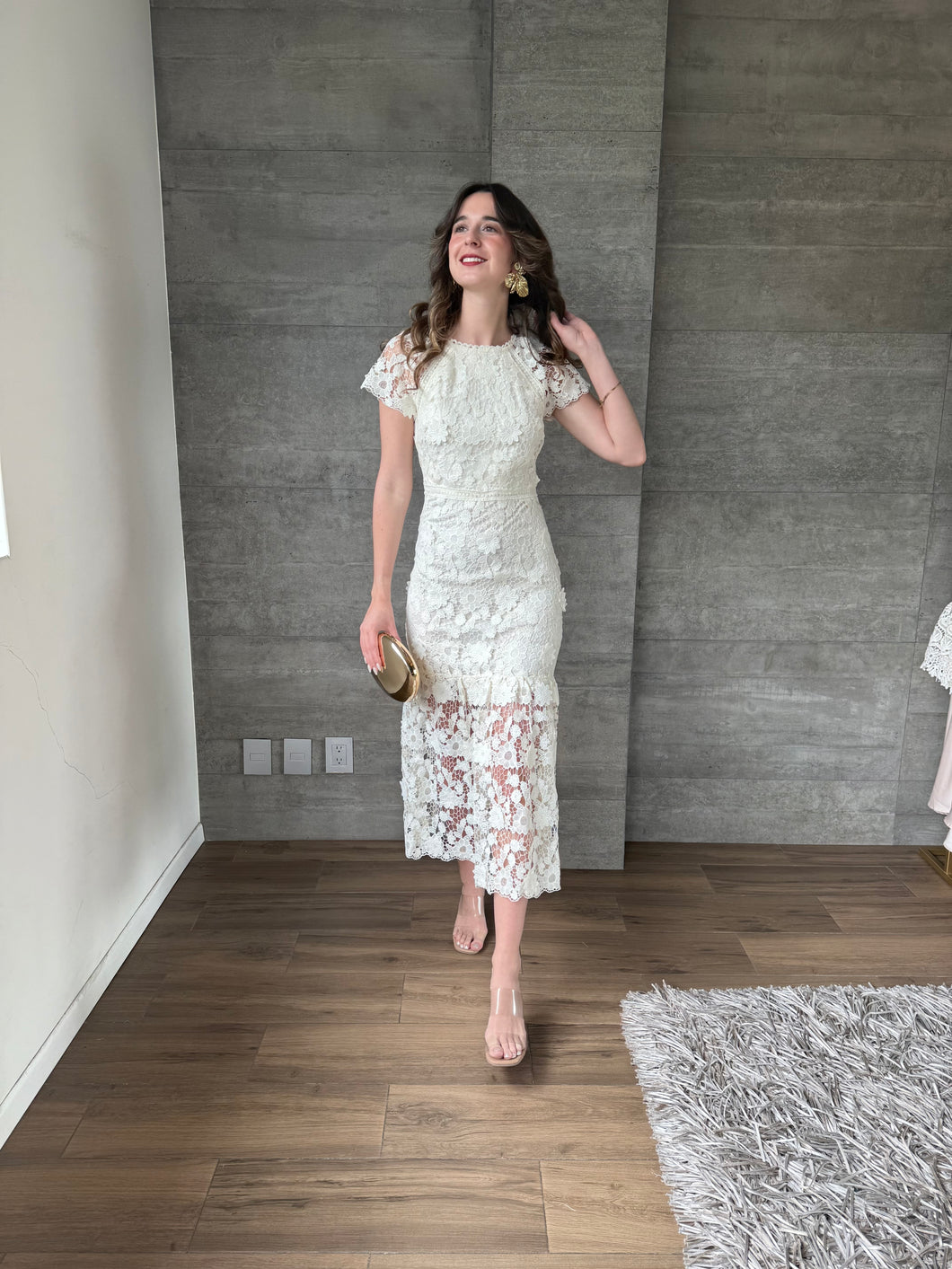 Loto - Vestido midi crochet color crema