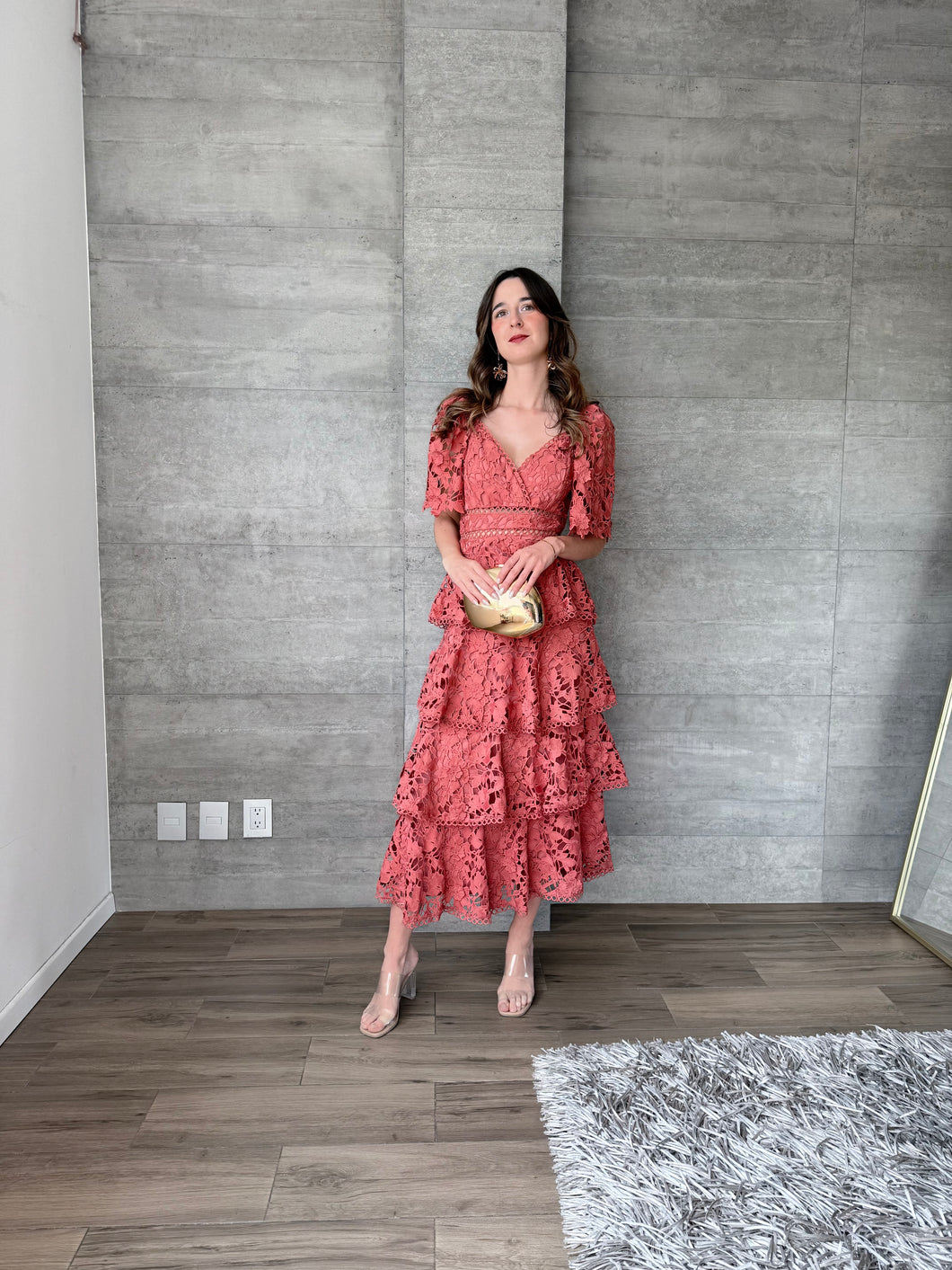 Amalia - Vestido midi crochet rosa coral