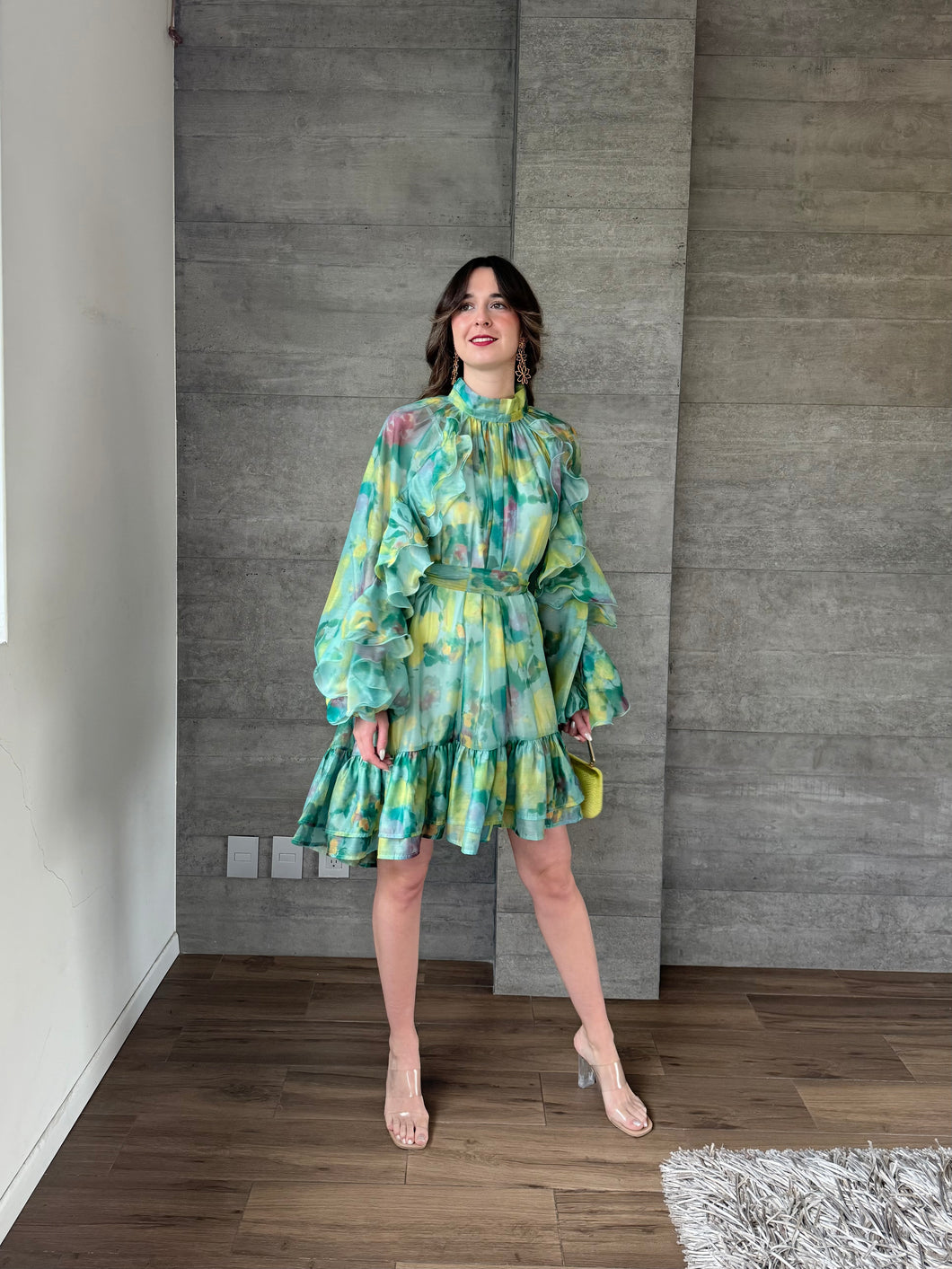 Caliope - Vestido corto verde multicolor con olanes