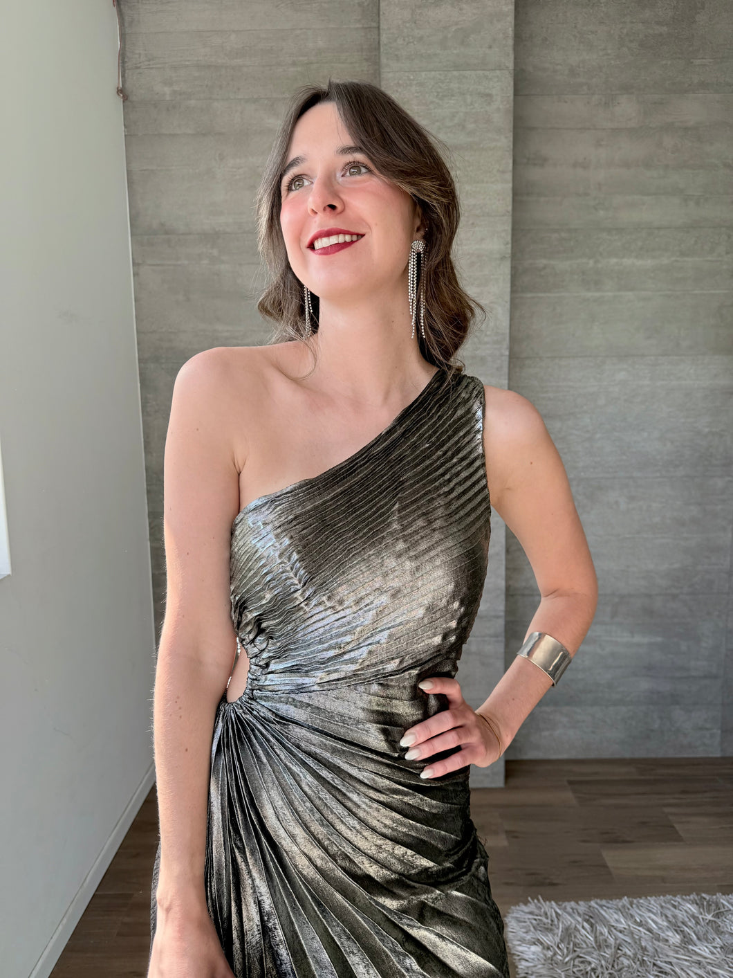 Eclipse - Vestido midi plisado negro plateado