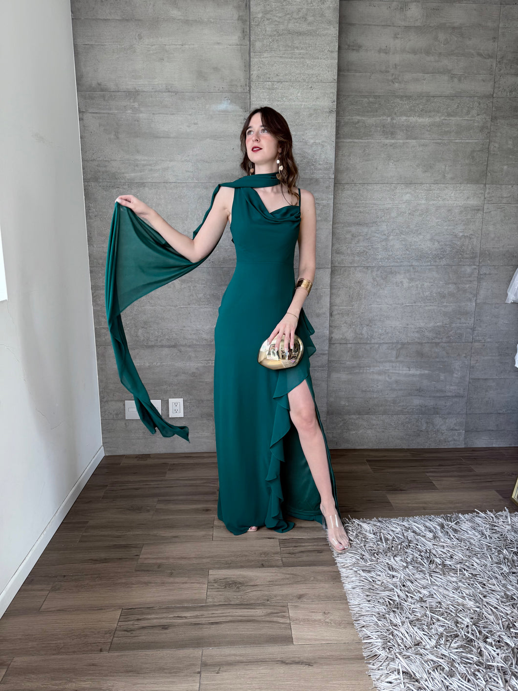 Silvana - Vestido largo asimétrico esmeralda