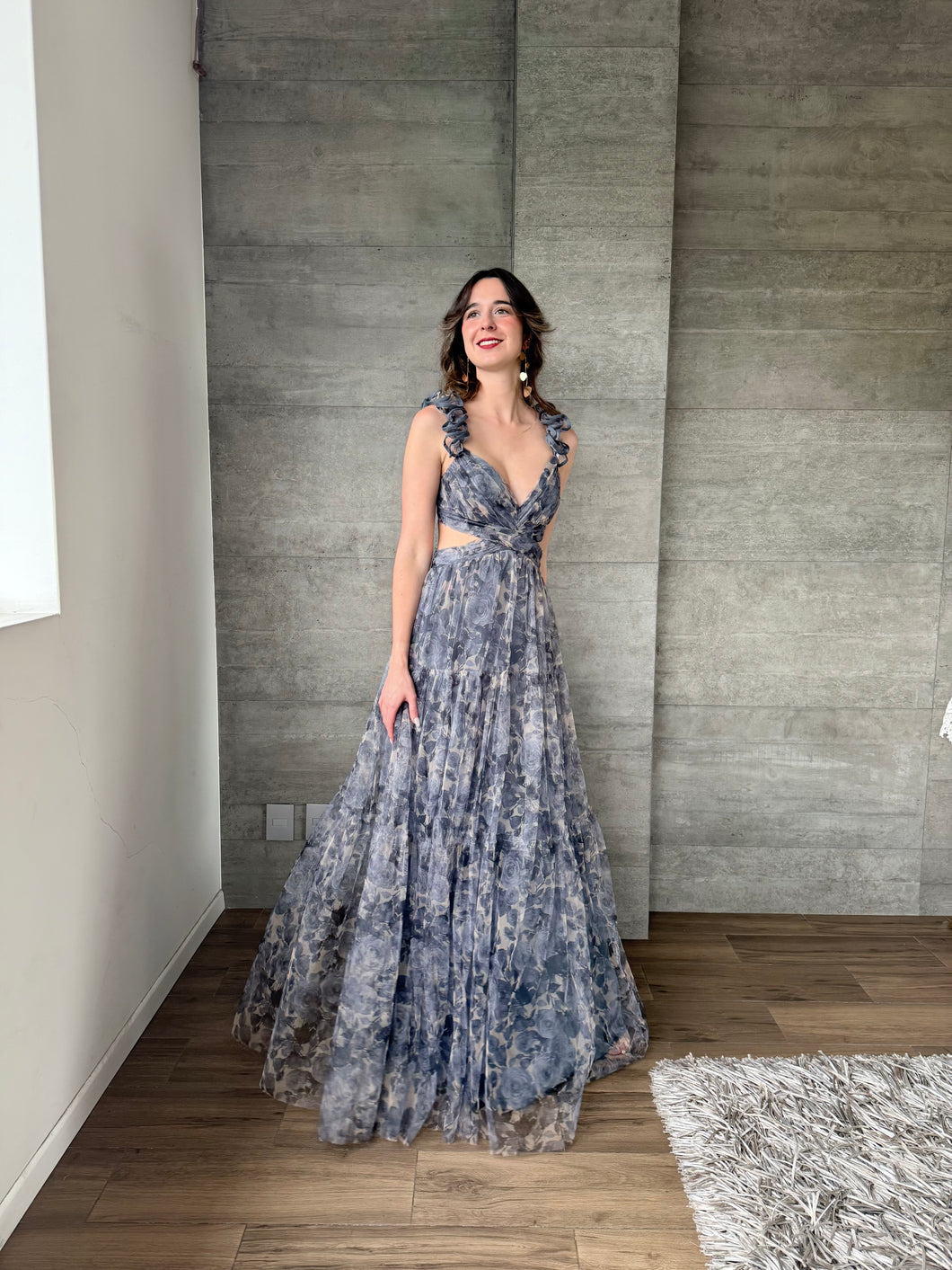 Ariana - Vestido largo floral azul pizarra multi